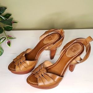 Frye | Tan Leather Slingback Knotted Platform Sandals Sz 7